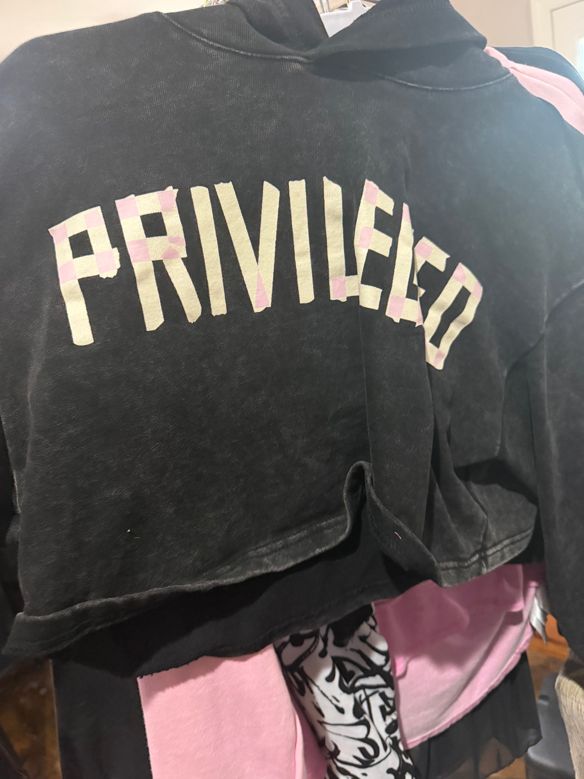 Black Acid Wash “Privileged” Acid Wash Long Sleeve Cropped Hoodie