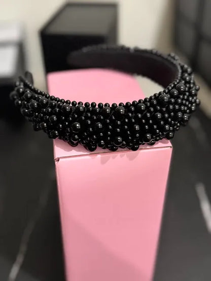 Black Faux Pearl Rhinestone Headband -LW3 A135