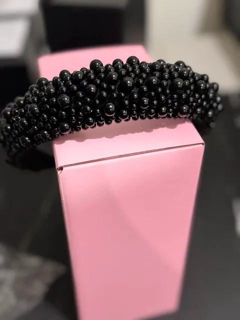 Black Faux Pearl Rhinestone Headband -LW3 A135