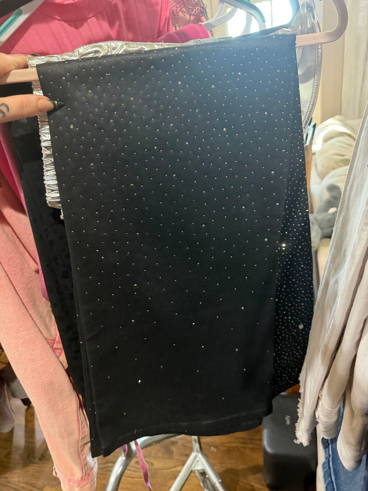 Rhinestone Bling Black Pleather Wide Leg Pants VRBT Brand size 9