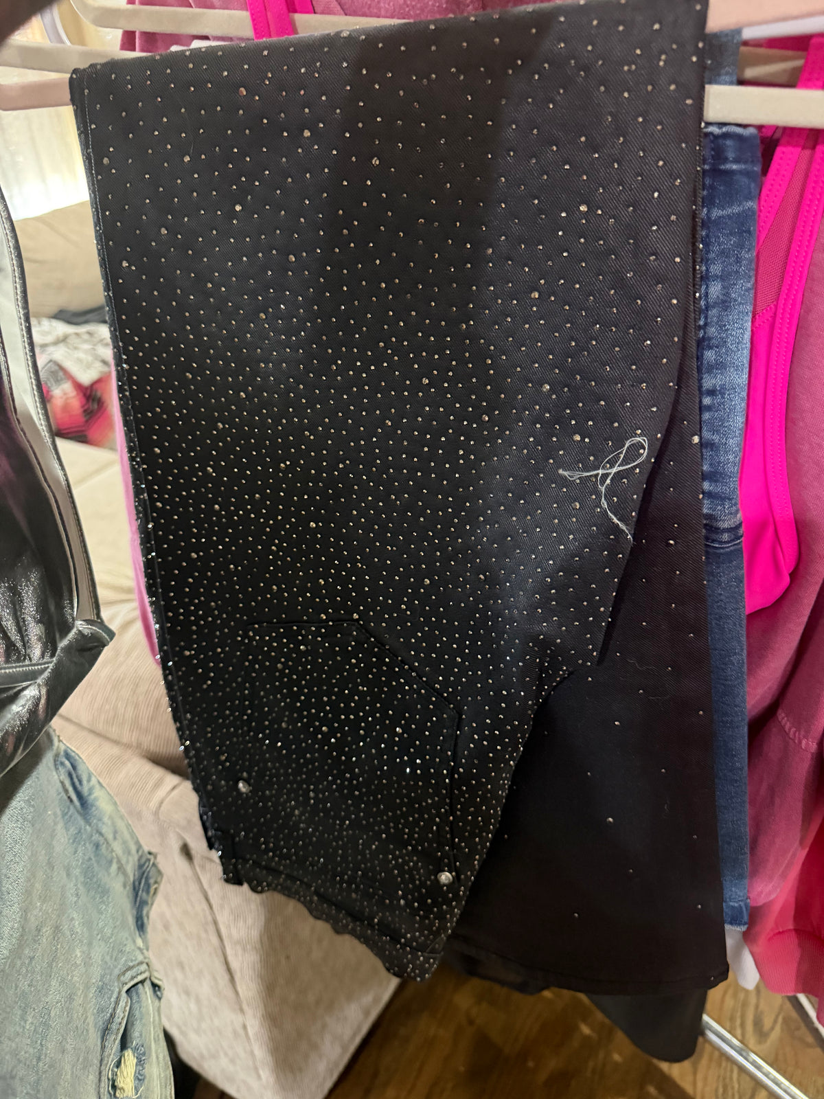 Rhinestone Bling Black Pleather Wide Leg Pants VRBT Brand size 9