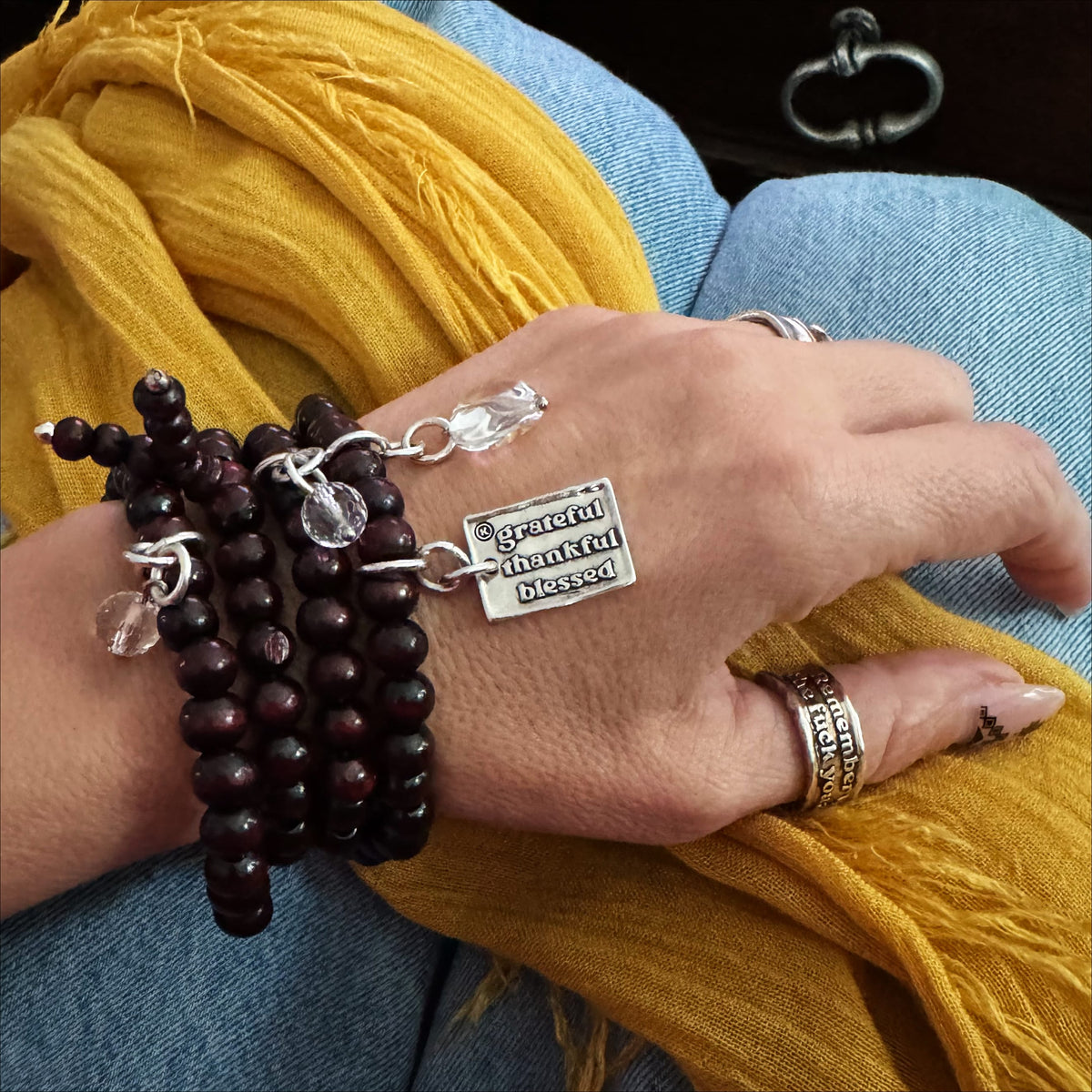 Grateful Thankful Blessed Heart Wood Boho Wrap Bracelet/Necklace