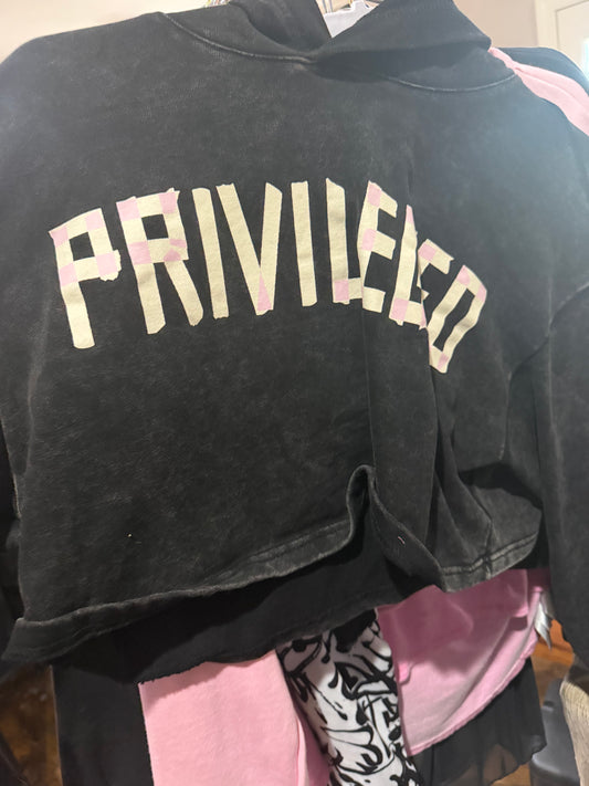 Black Acid Wash “Privileged” Acid Wash Long Sleeve Cropped Hoodie