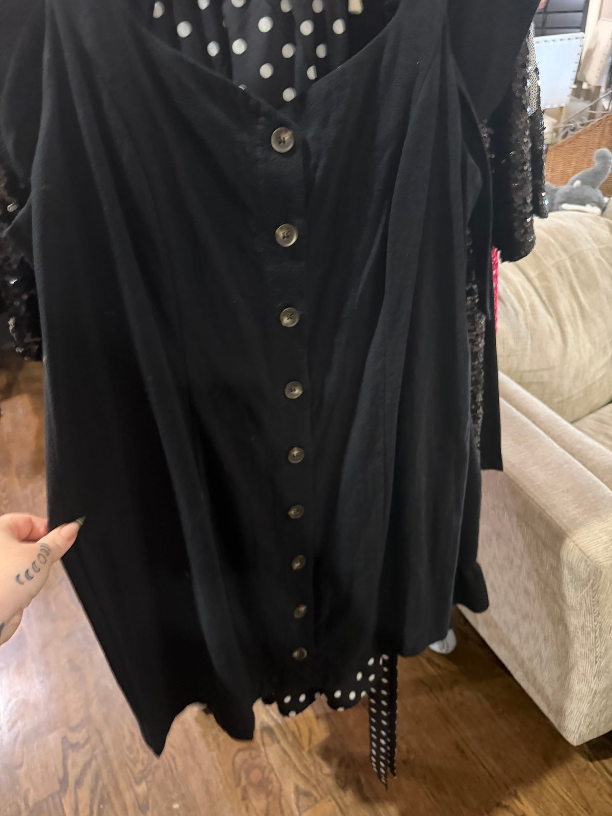 Black Bow Tie Strap Dress with Buttons size L