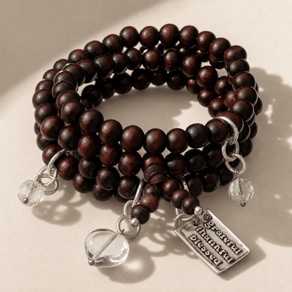 Grateful Thankful Blessed Heart Wood Boho Wrap Bracelet/Necklace